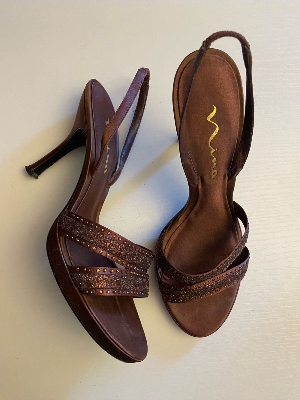 Nina Brown Satin Strappy Slingback Heels with Rhinestone Accents